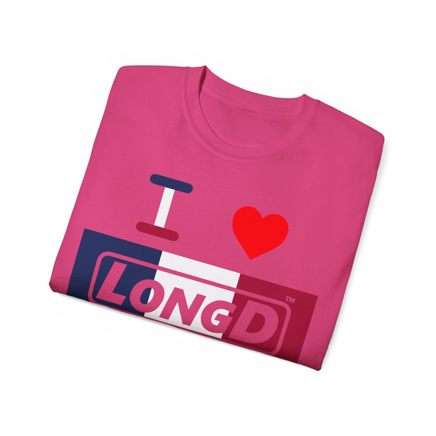 I Luv LongD® Logo Cotton Tee Blue, White and Red negative thirds text