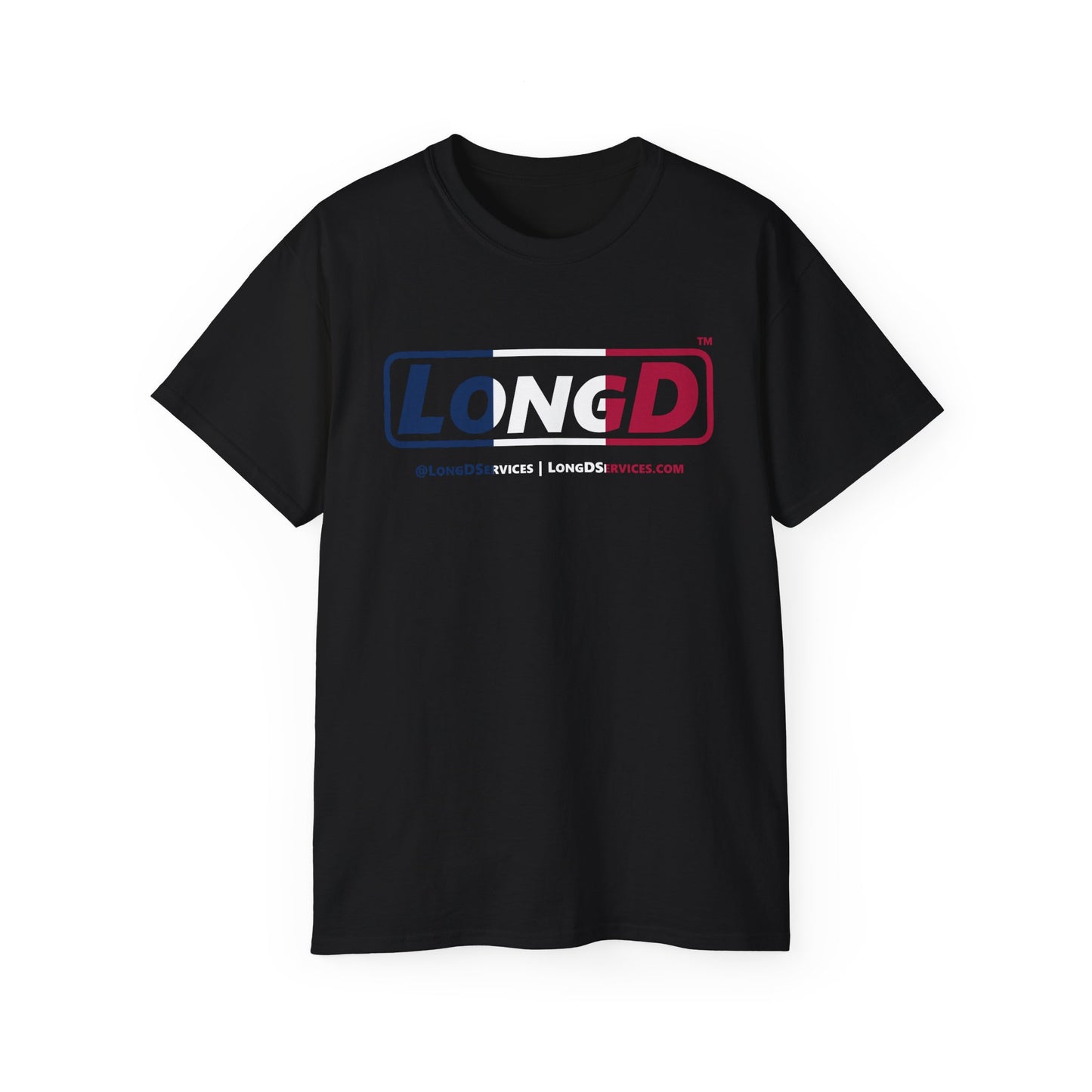 LongD® Logo Cotton Tee Blue, White and Red positive thirds text
