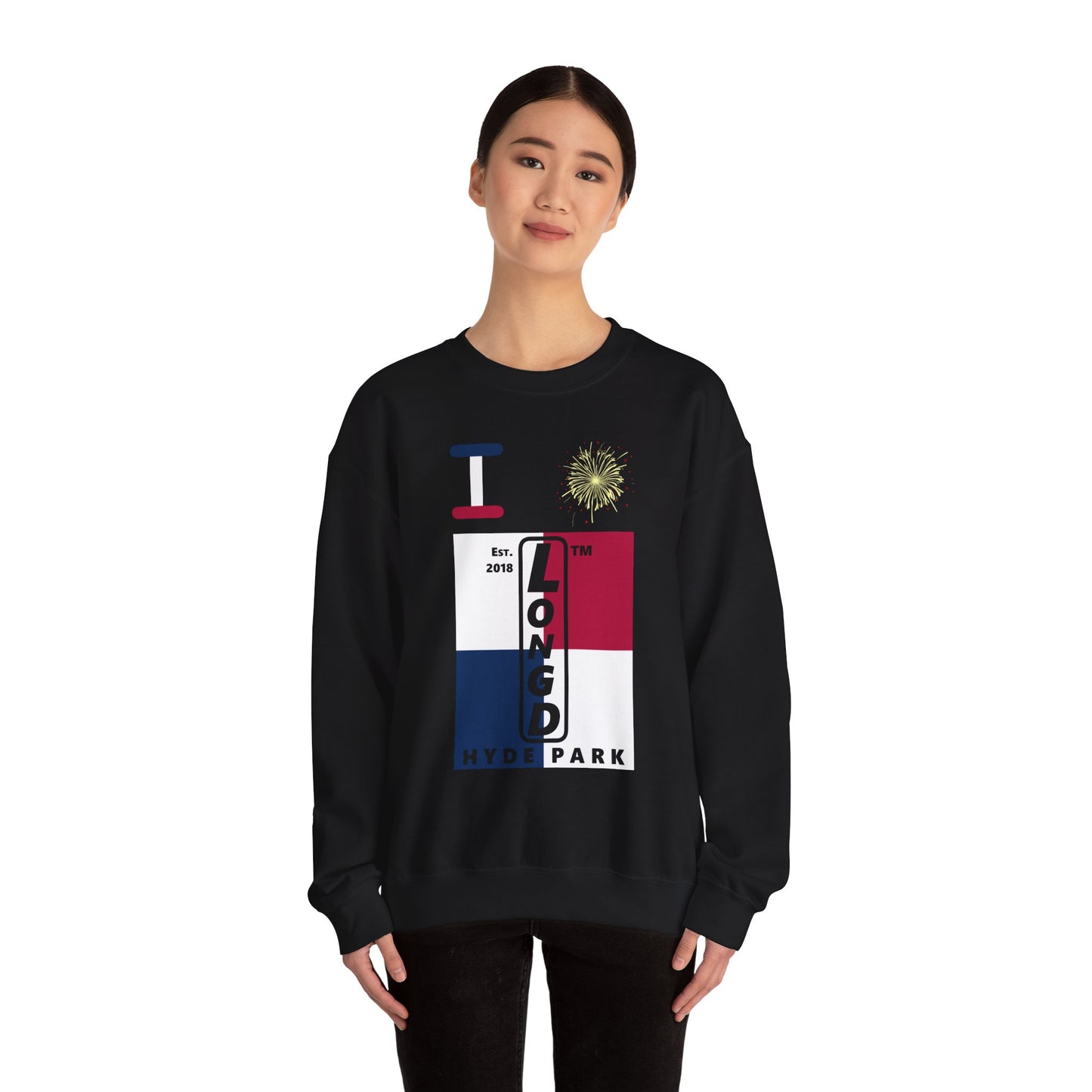 I Burst LongD negative quarters Hyde Park upright logo crewneck sweatshirt