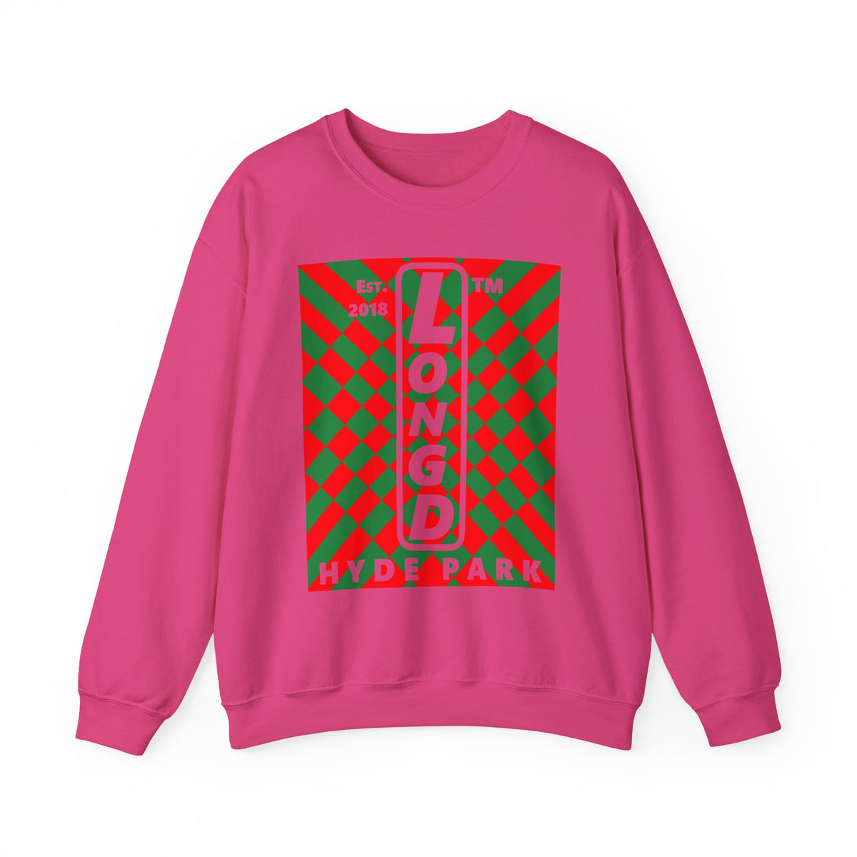 LongD Hyde Park negative upright stylized argyle logo (Xmas colors) crewneck sweatshirt