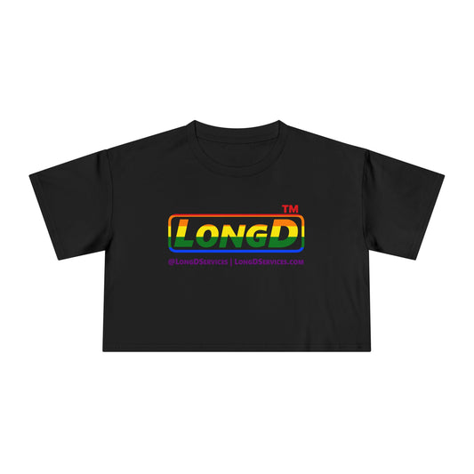LongD positive horizontal 6-striped tag-domain logo crop tee (Pride colors)
