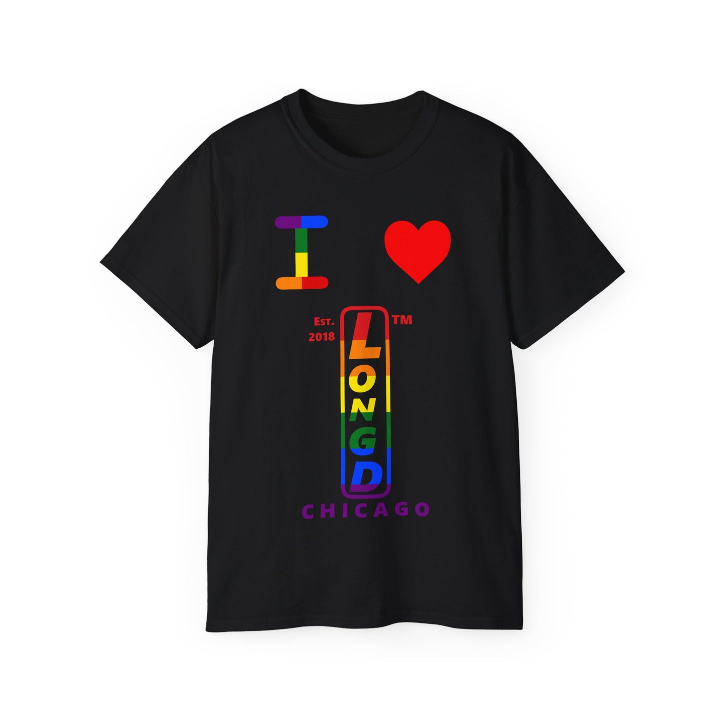 I Luv LongD Cotton Tee positive horizontal striped Chicago upright logo (Pride colors)