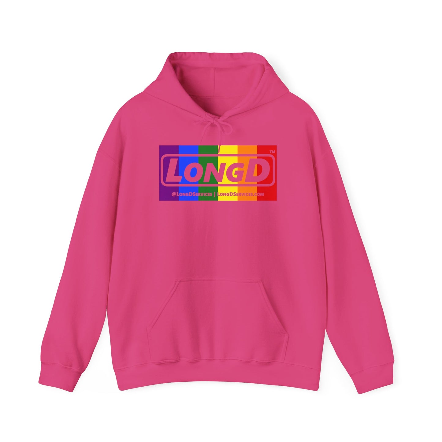 LongD® Logo Hoodie with Pride rainbow negative text