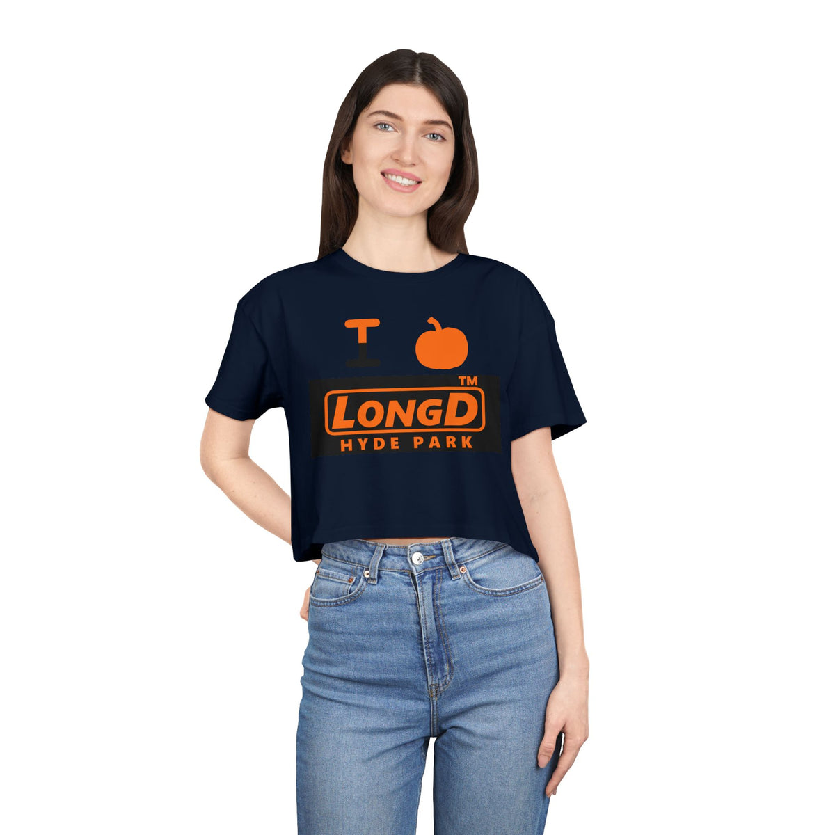 I pumpkin LongD Hyde Park logo positive orange on negative black crop tee