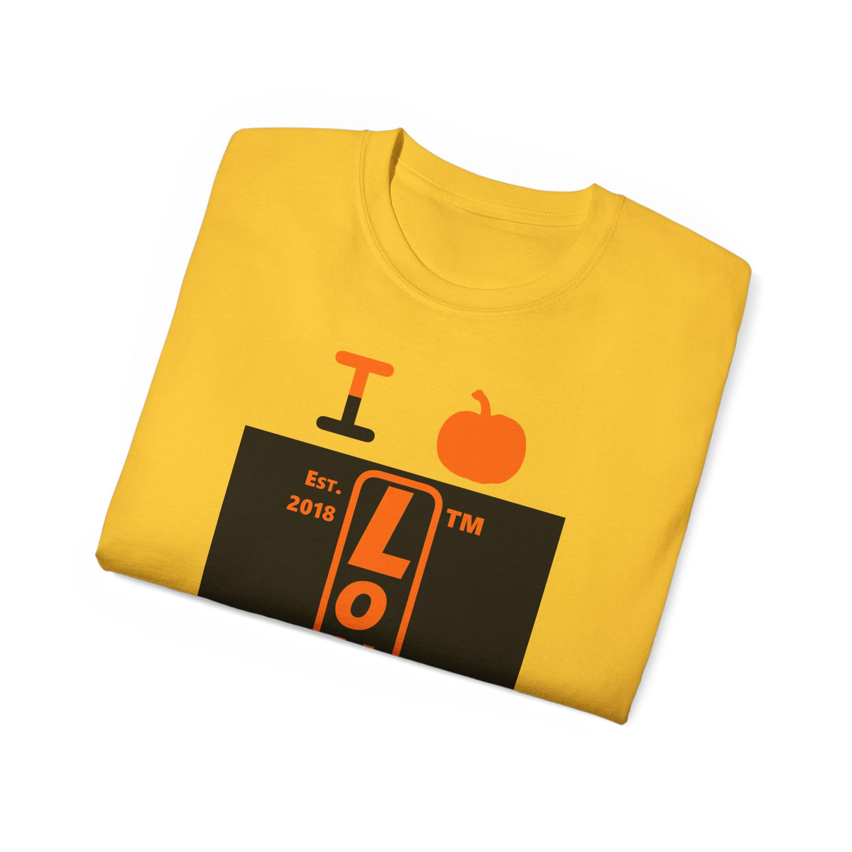 I pumpkin LongD Hyde Park upright logo positive orange on negative black cotton tee