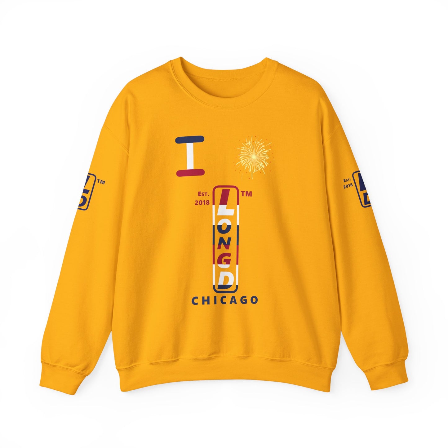 I Burst LongD positive horizontal 6-striped Chicago upright 4-print logo crewneck sweatshirt