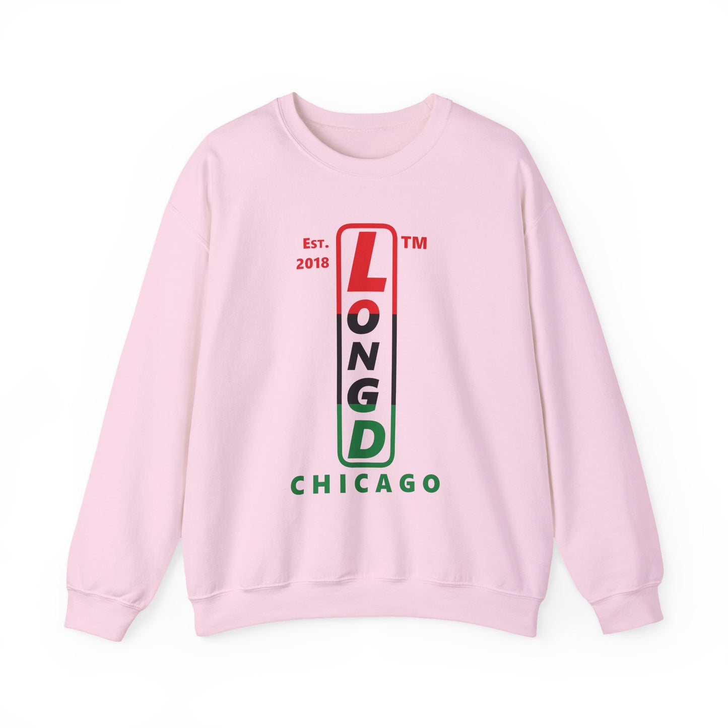 LongD positive horizontal 3-striped Chicago upright logo crewneck sweatshirt (Juneteenth colors)