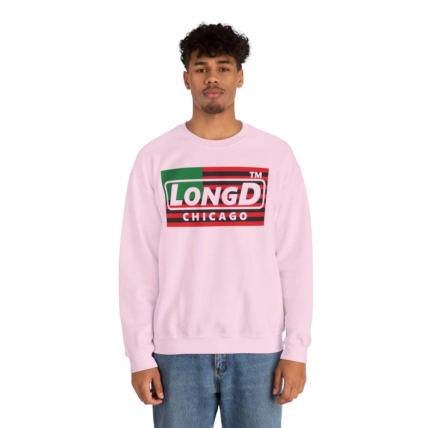 LongD negative flag front-back Chicago logo crewneck sweatshirt (Juneteenth colors)