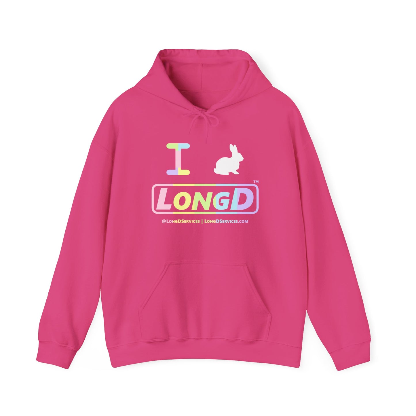 I Bunny LongD® Logo Hoodie Pastel spectrum text (White Easter Bunny)