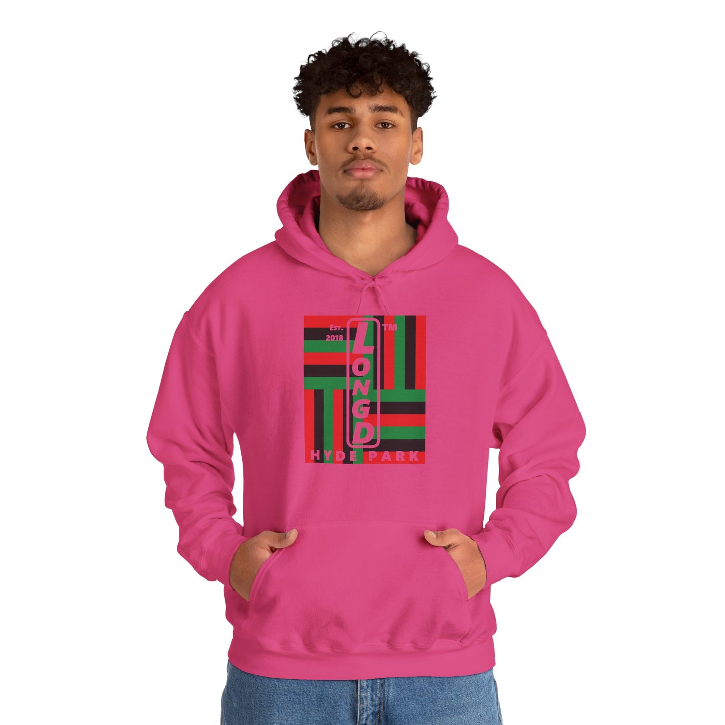 LongD® negative windmill upright Hyde Park logo hoodie (Juneteenth colors)