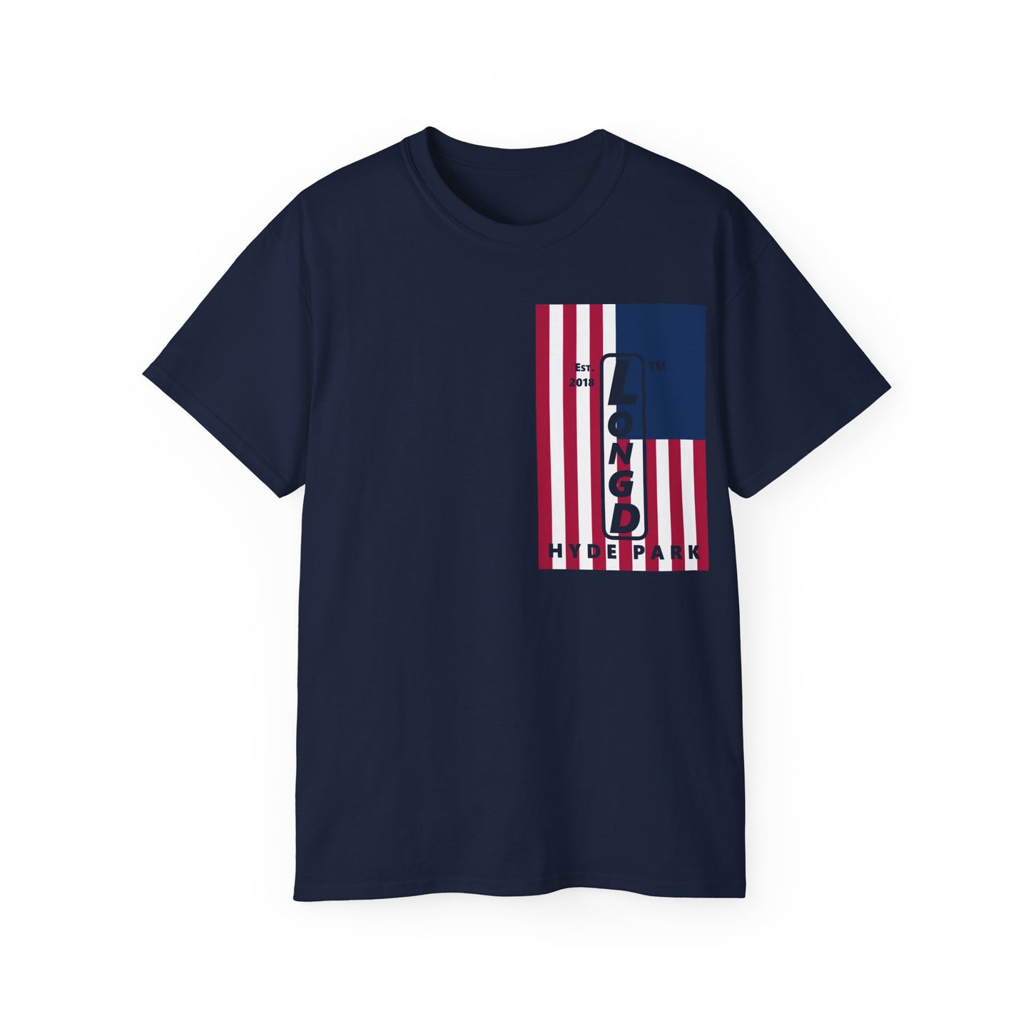 LongD cotton tee negative cropped flag single-breasted front-back Hyde Park upright logo (Patriotic colors)