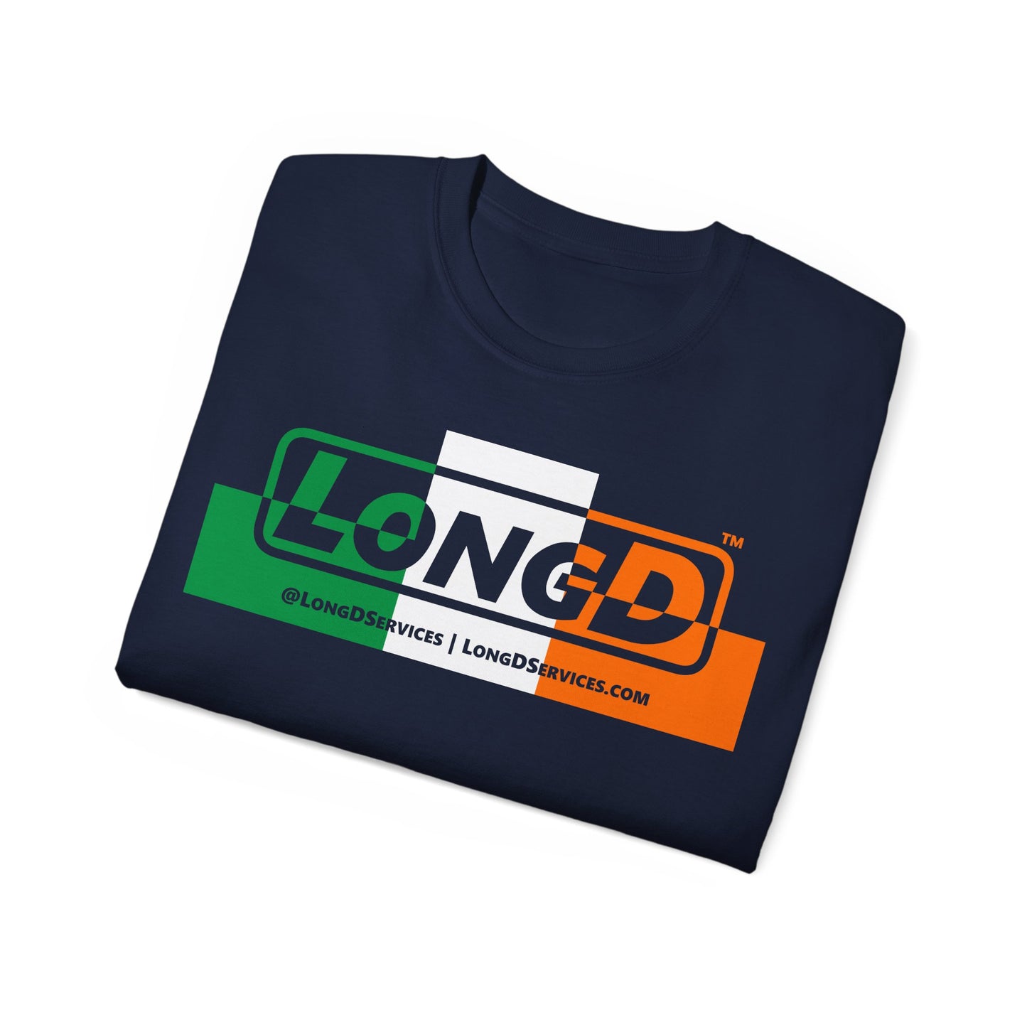 LongD® Logo Cotton Tee (St. Patrick's Day -Irish Green, White and Irish Orange thirds top-bottom outer positive-negative split)
