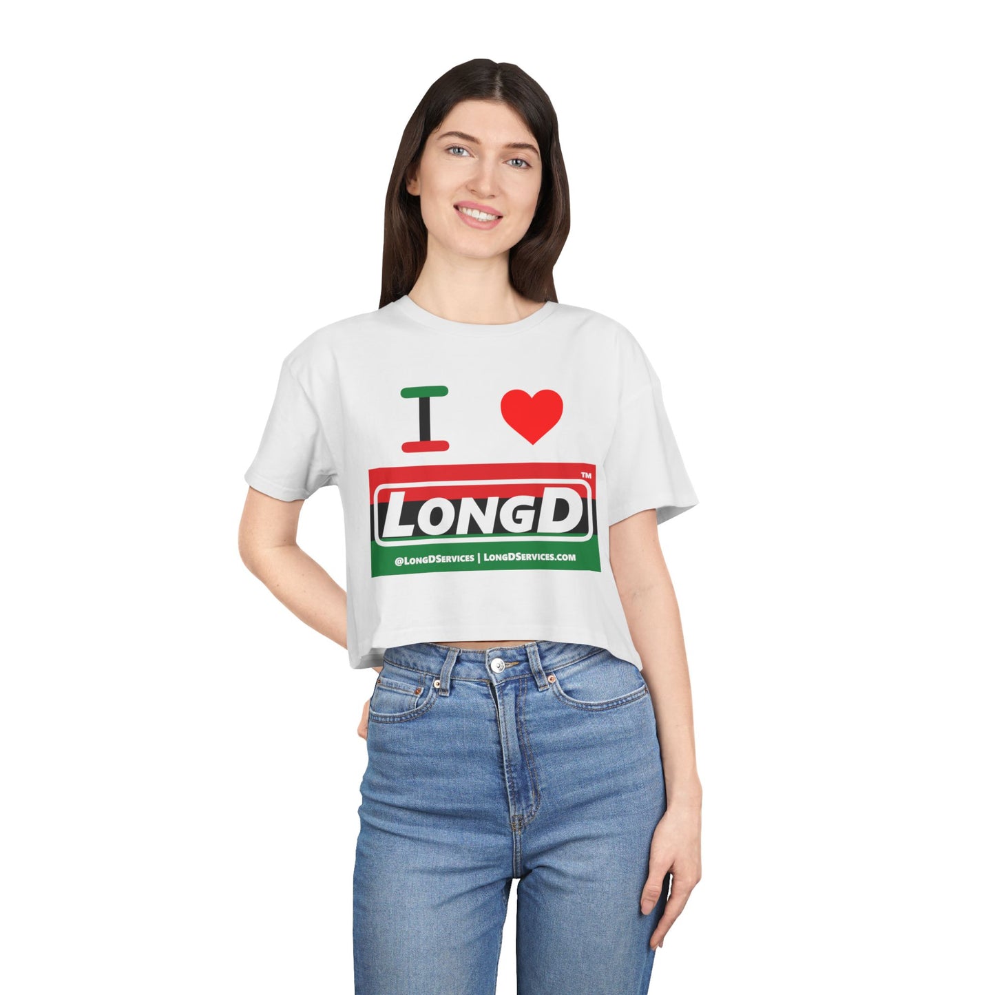 I Luv Logo Women's Crop Tee (Juneteenth striped negative thirds logo)