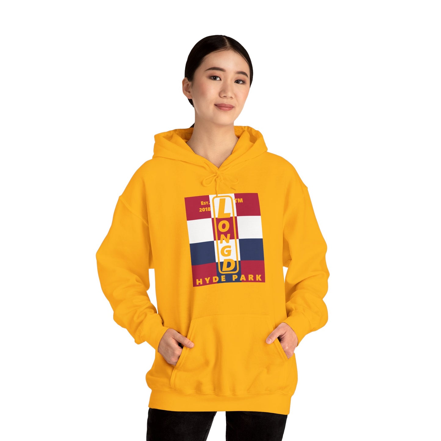 LongD® negative 4x3 upright Hyde Park logo hoodie (Patriotic colors)