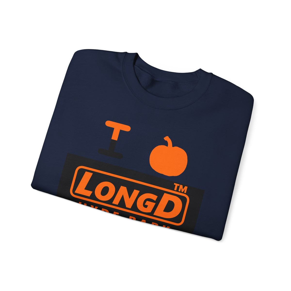 I pumpkin LongD Hyde Park logo positive orange on negative black crewneck sweatshirt