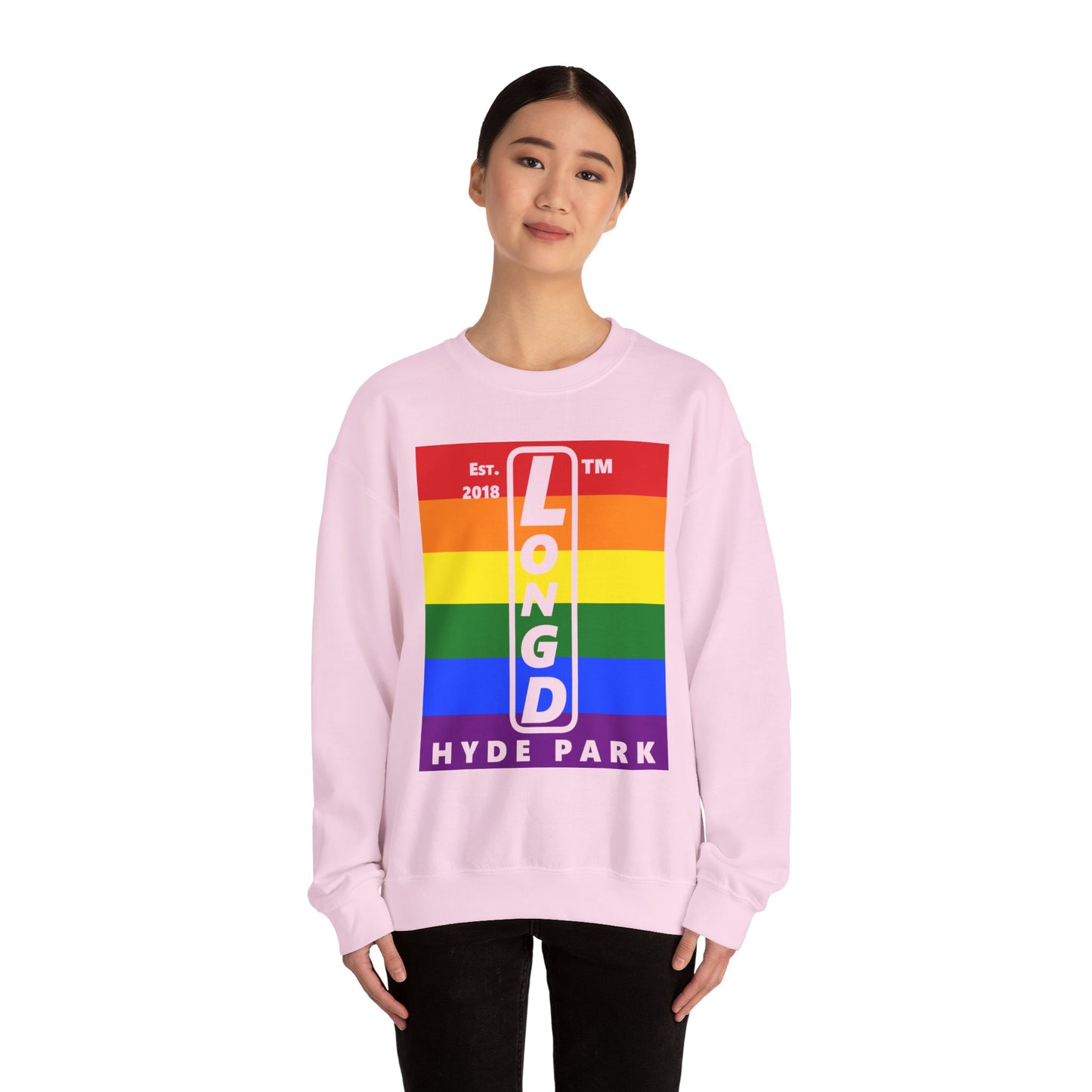 LongD negative horizontal 6-striped Hyde Park upright logo crewneck sweatshirt (Pride colors)