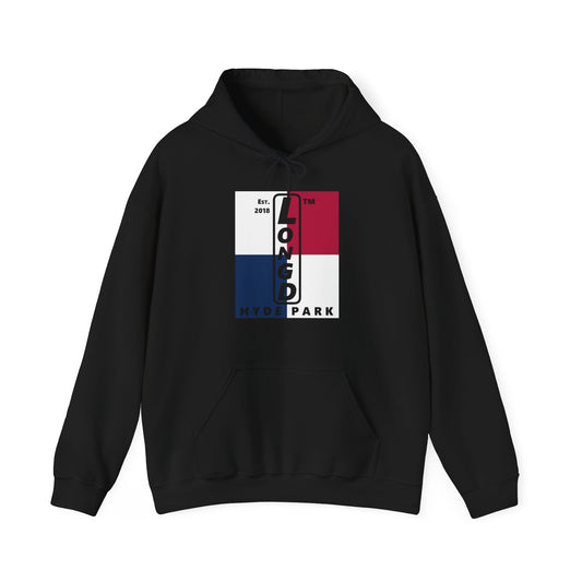 LongD® negative quarters upright Hyde Park logo hoodie (Patriotic colors)