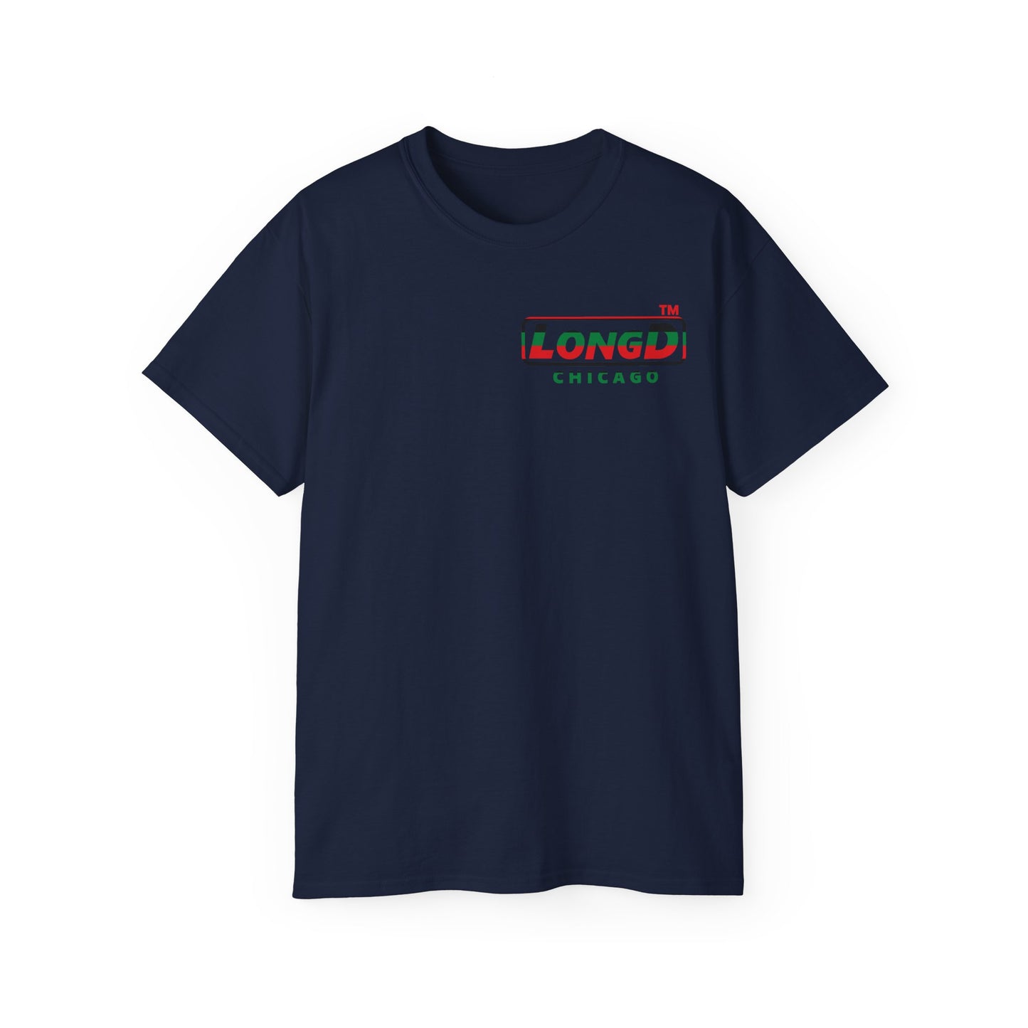LongD positive horizontal 6-striped Chicago logo single-breasted front-back cotton tee (Juneteenth colors)