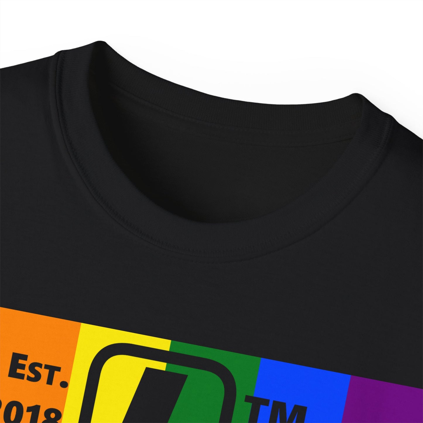 LongD Cotton Tee negative vertical striped Hyde Park upright logo (Pride colors)