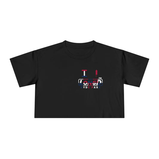 I firecracker LongD positive 2x5 single-breasted front-back Hyde Park Logo Crop Tee (Patriotic colors)