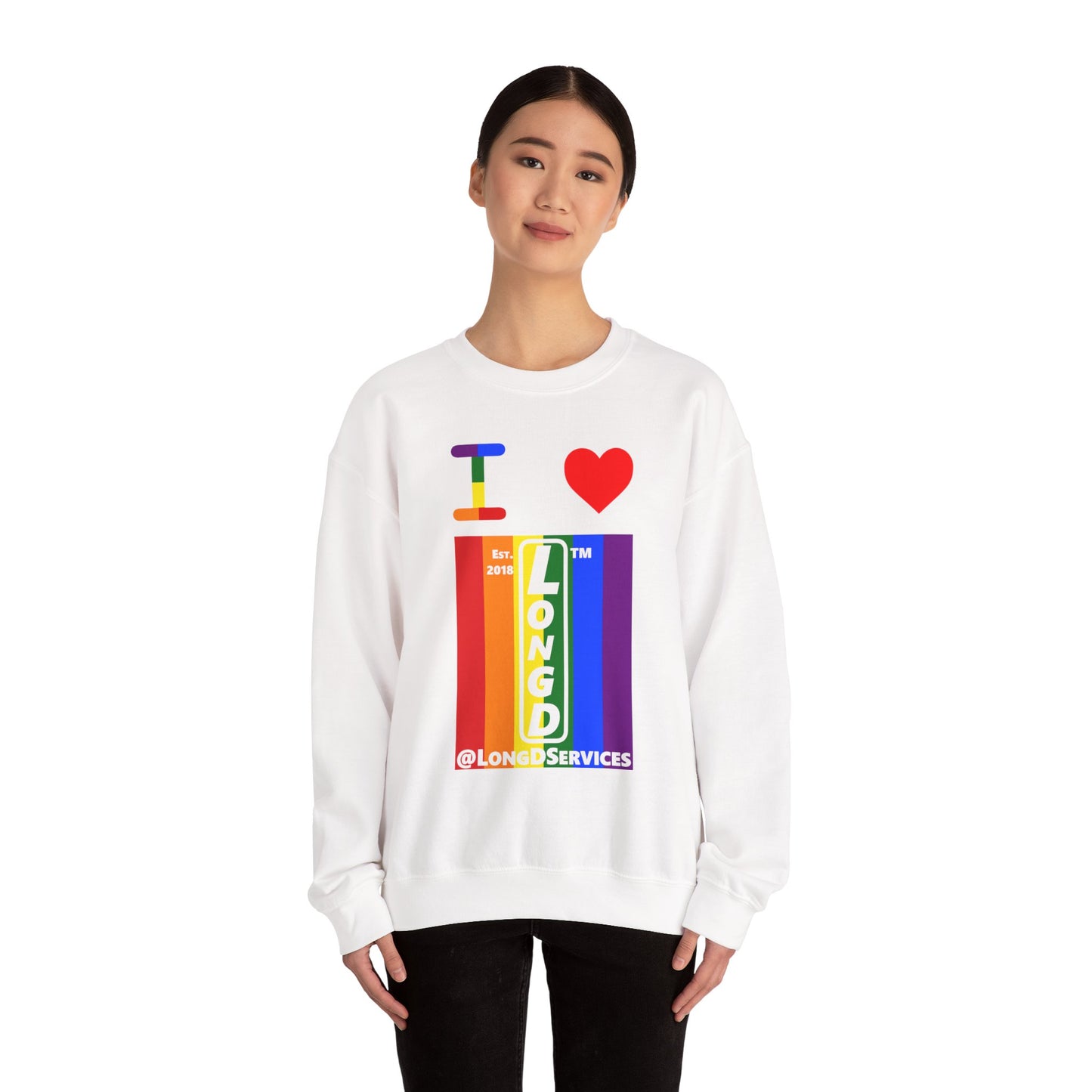 I Luv LongD negative vertical 6-striped tag upright logo crewneck sweatshirt