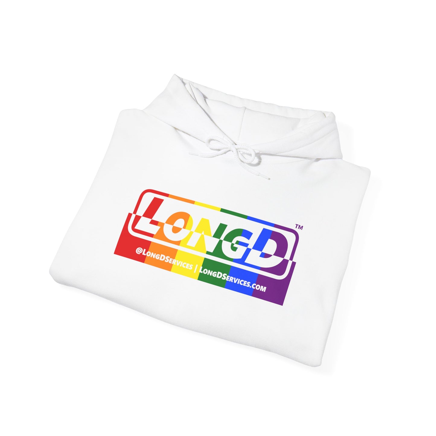LongD® Logo Hoodie with Pride rainbow positive top negative bottom text