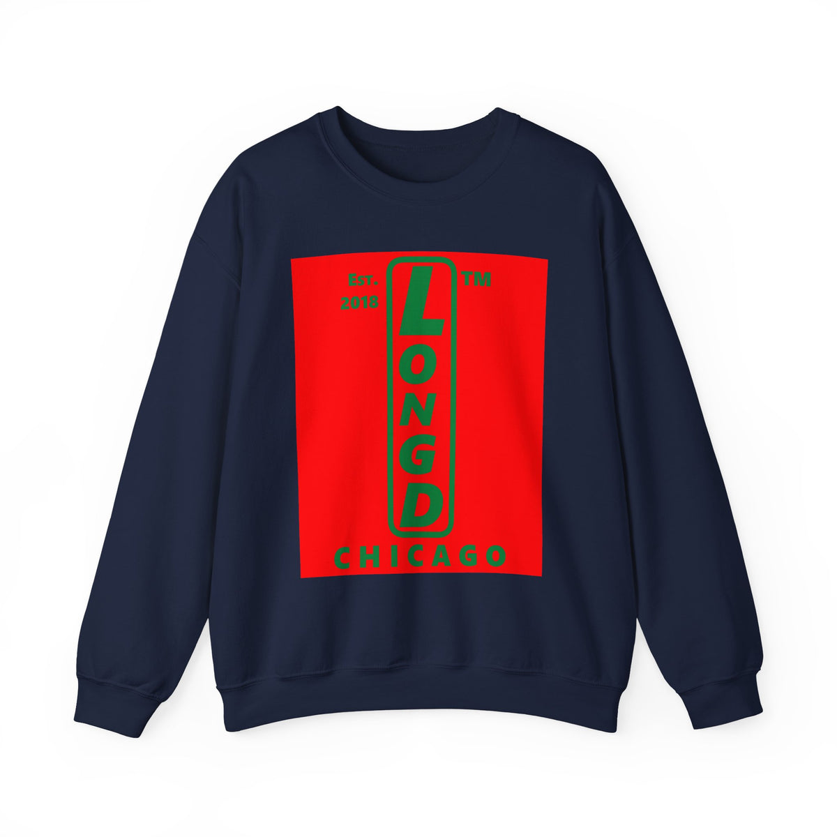 LongD Chicago upright logo positive green on negative red (Xmas colors) crewneck sweatshirt