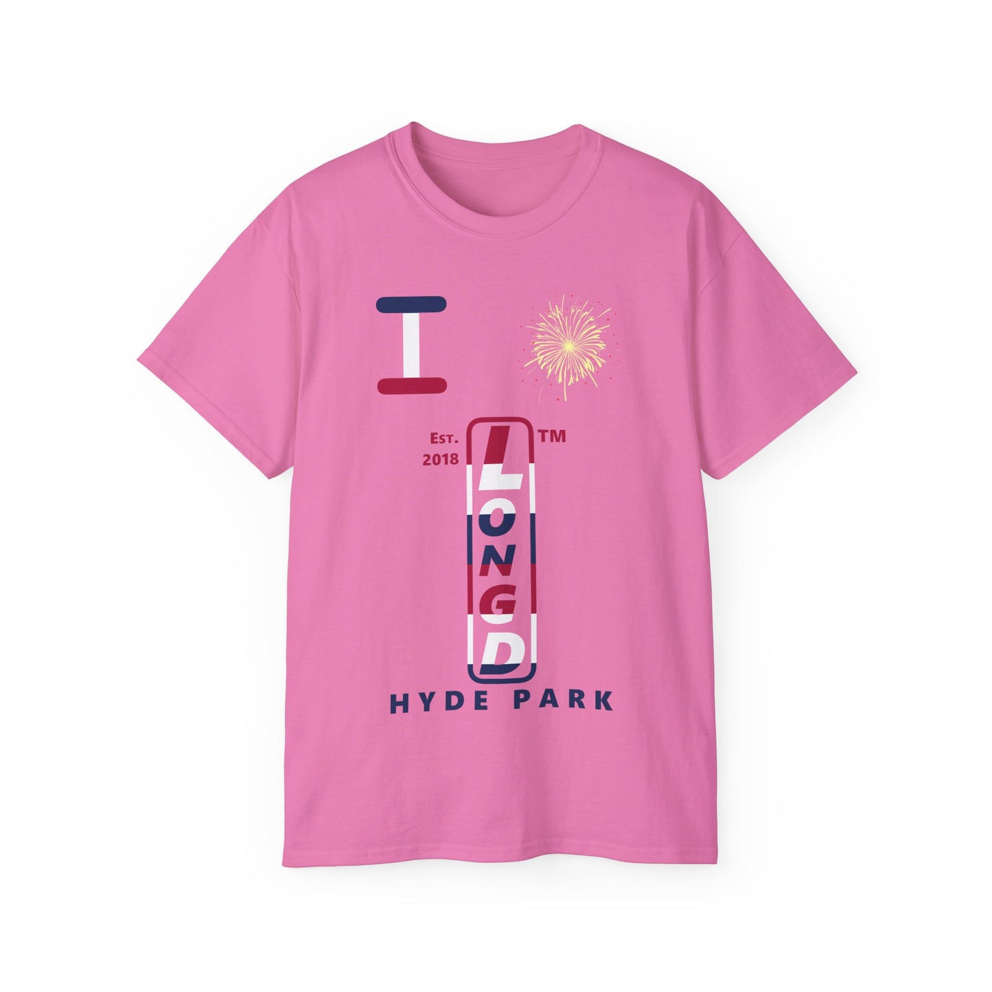 I Burst LongD cotton tee positive horizontal 6-striped Hyde Park upright logo (Patriotic colors)