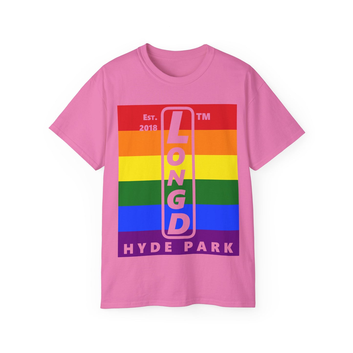 LongD Cotton Tee negative horizontal striped Hyde Park upright logo (Pride colors)