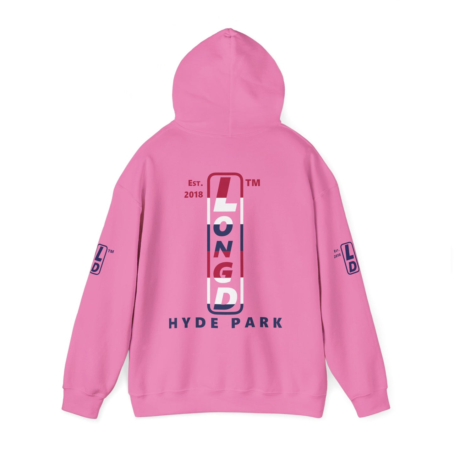 LongD® positive horizontal 6-striped Hyde Park 4-print upright logo hoodie (patriotic colors)