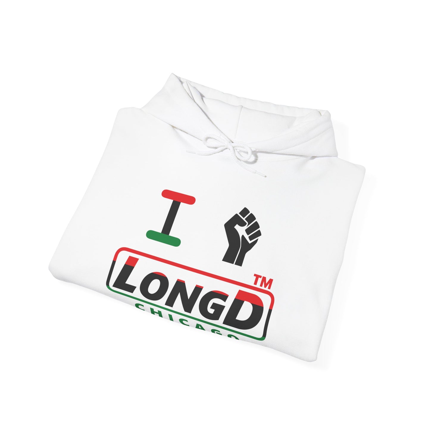I fist LongD® positive horizontal 3-striped Chicago logo Hoodie (Juneteenth colors)