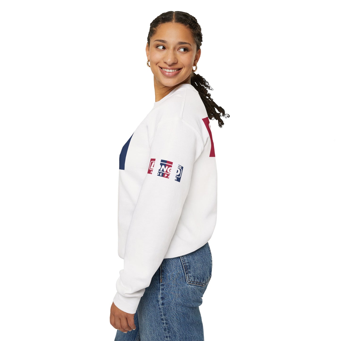 LongD negative vertical 6-striped 4-print double-breasted Chicago logo crewneck sweatshirt (patriotic colors)