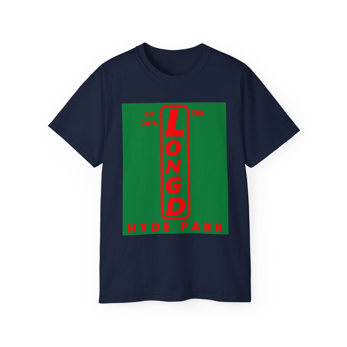 LongD Hyde Park upright logo positive red on negative green (Xmas colors) cotton tee
