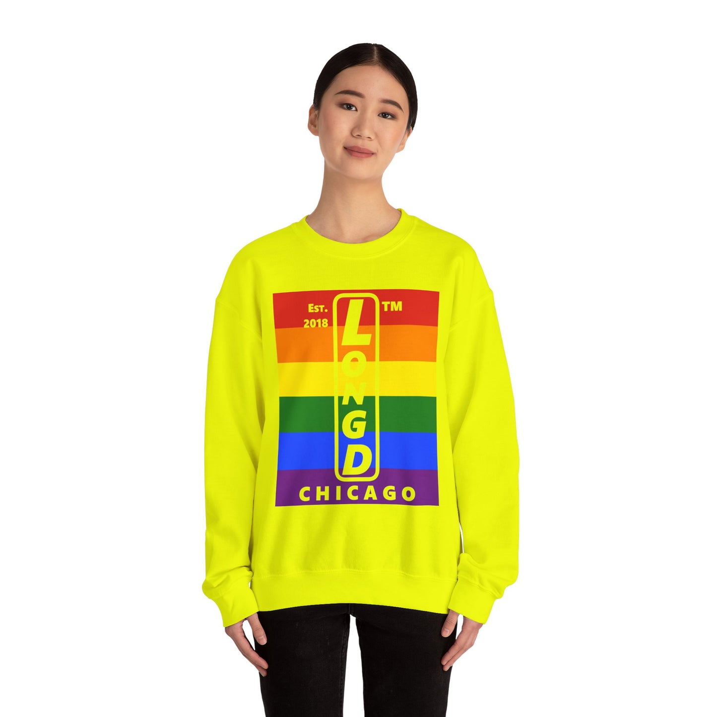 LongD negative horizontal 6-striped Chicago upright logo crewneck sweatshirt (Pride colors)