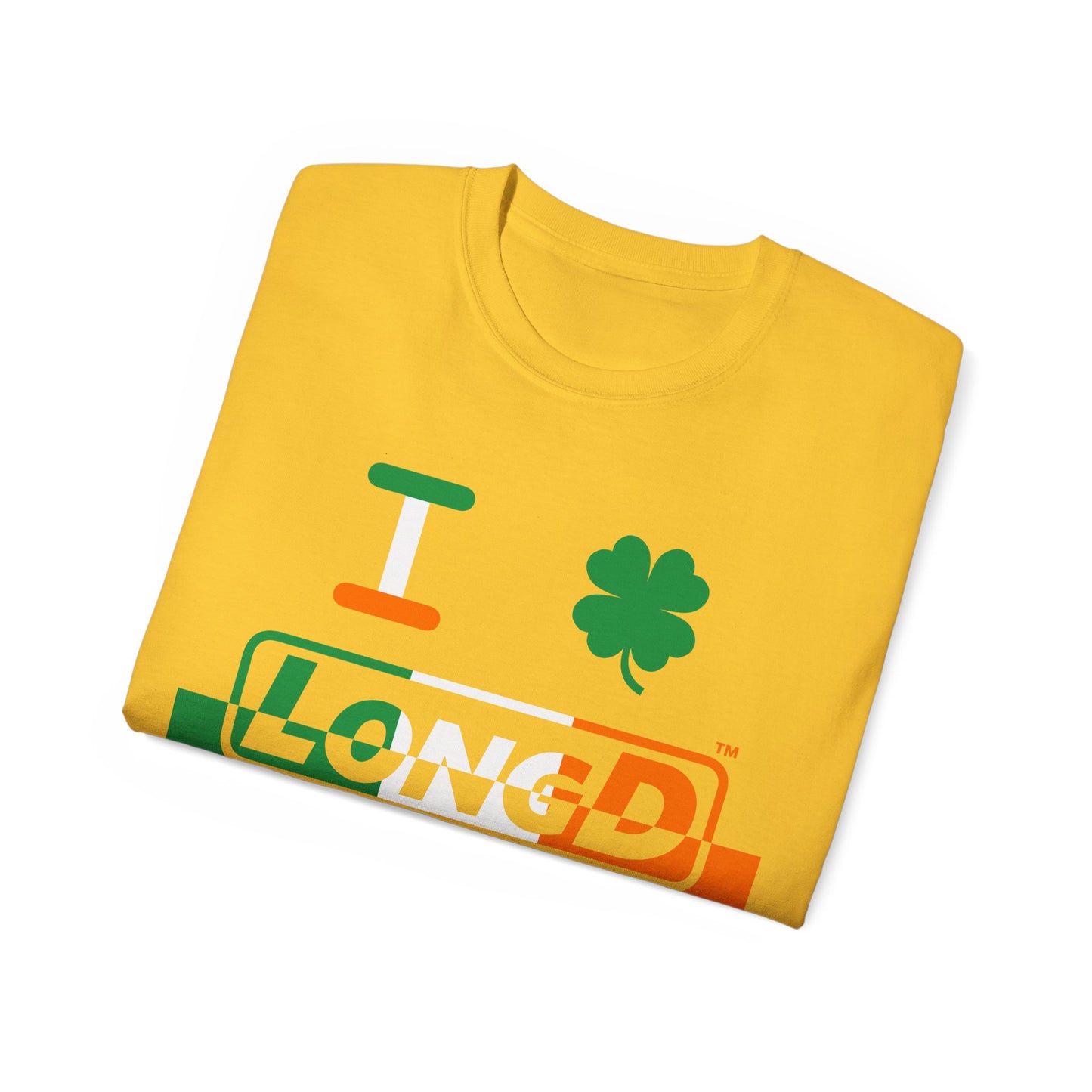 I Clover LongD® Logo Cotton Tee (St. Patrick's Day -Irish Green, White and Irish Orange thirds top-bottom positive-negative split with 4-leaf clover)