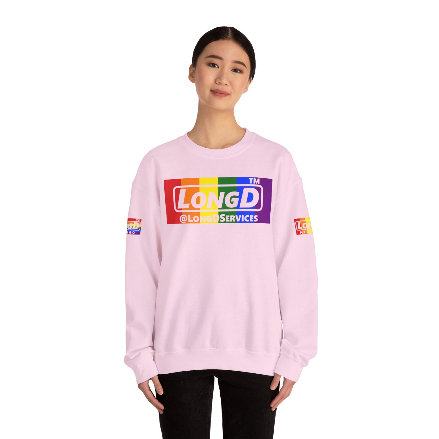 LongD official basic 4-print tag logo crewneck sweatshirt with Pride heart