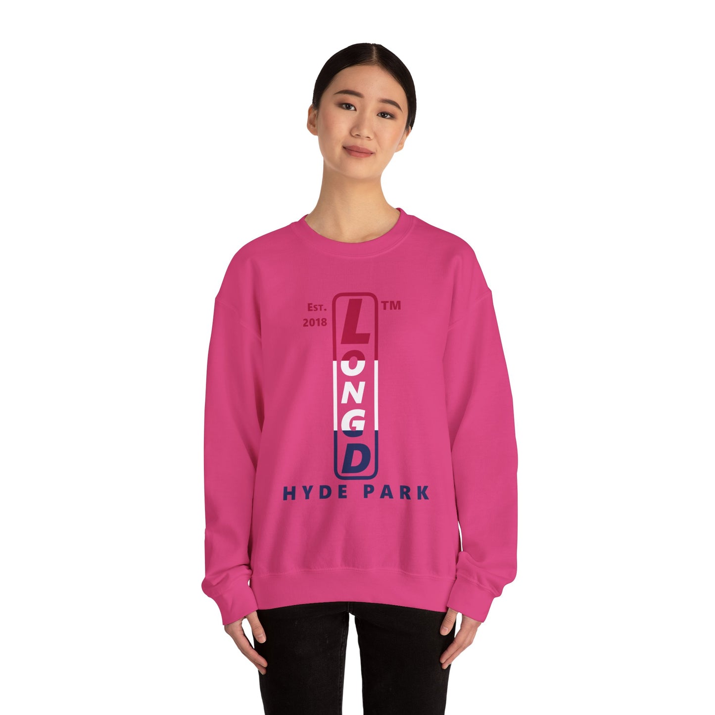 LongD positive horizontal 3-striped Hyde Park upright logo crewneck sweatshirt (patriotic colors)