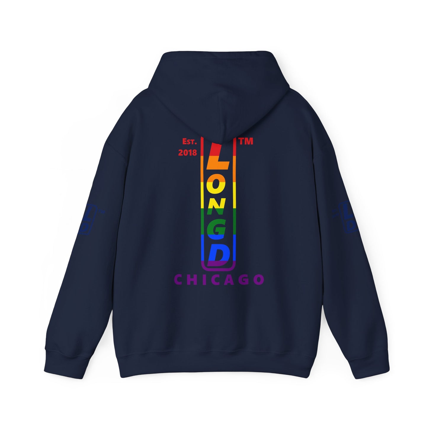 LongD® positive horizontal 6-striped Chicago 4-print upright logo hoodie (Pride colors)