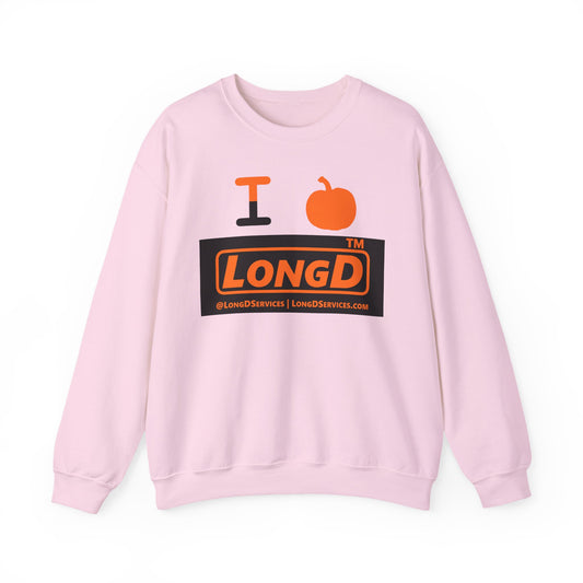 I pumpkin LongD Tag-domain logo positive orange on negative black crewneck sweatshirt