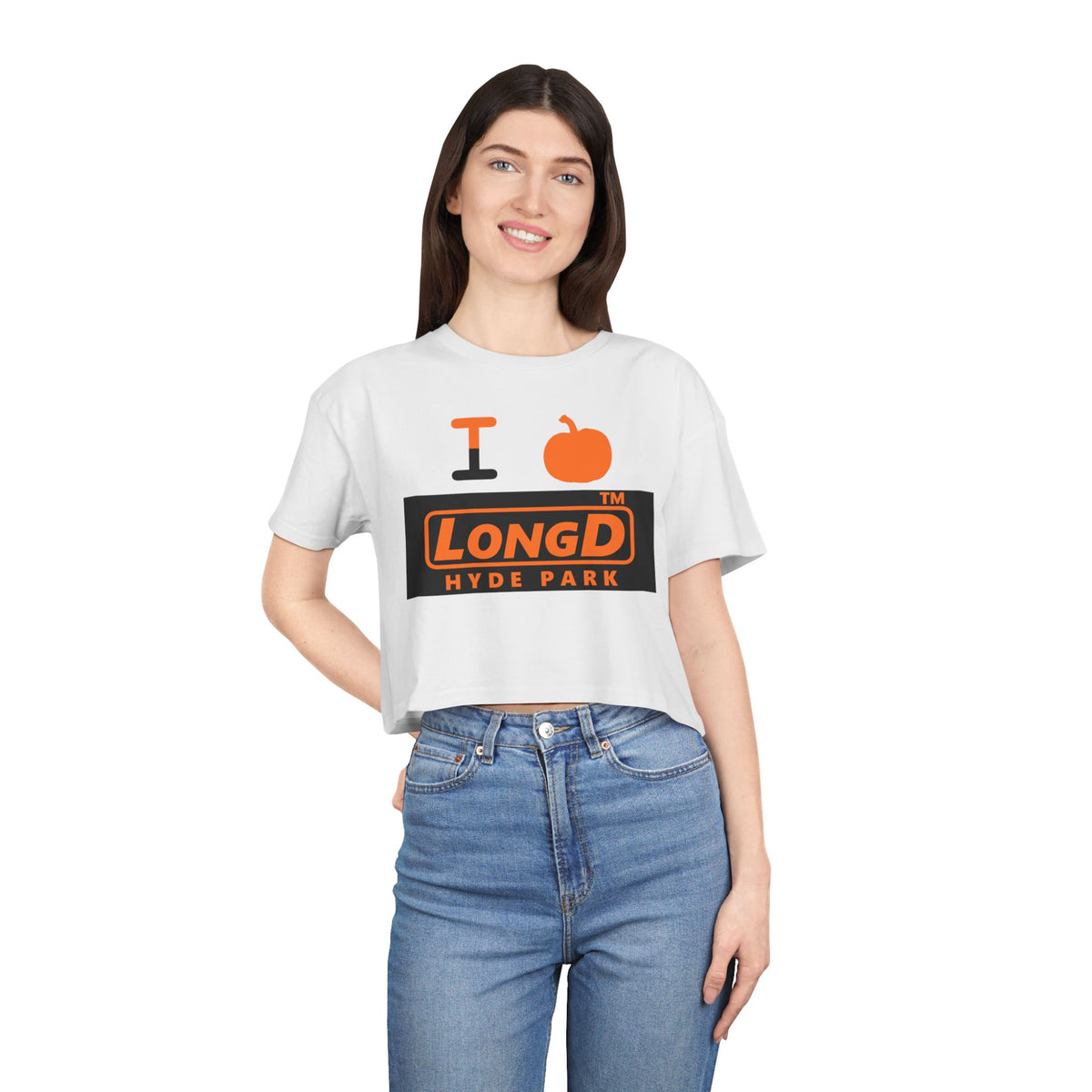 I pumpkin LongD Hyde Park logo positive orange on negative black crop tee