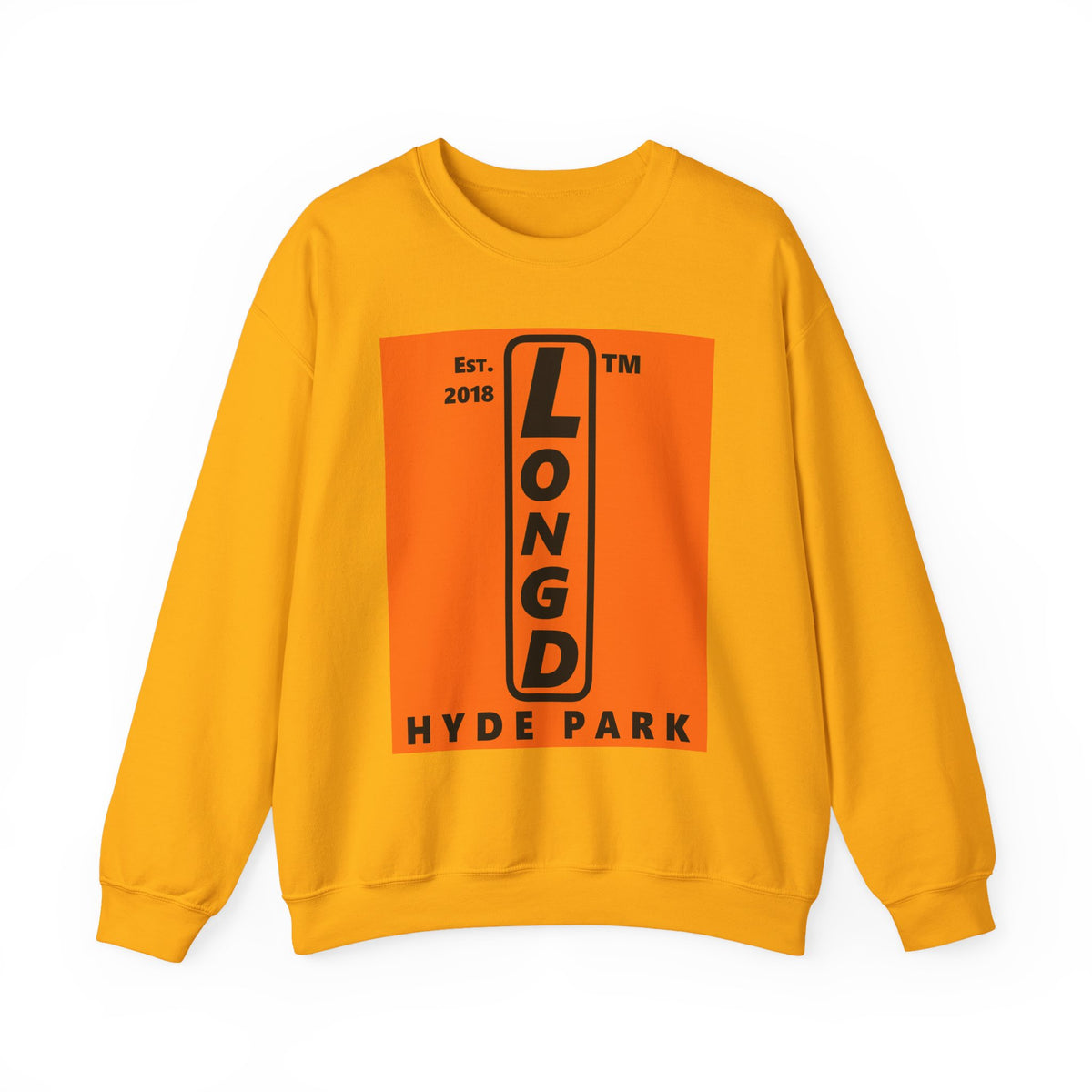 LongD Hyde Park upright logo Black (000000) on orange (FE7518) (Halloween colors) crewneck sweatshirt