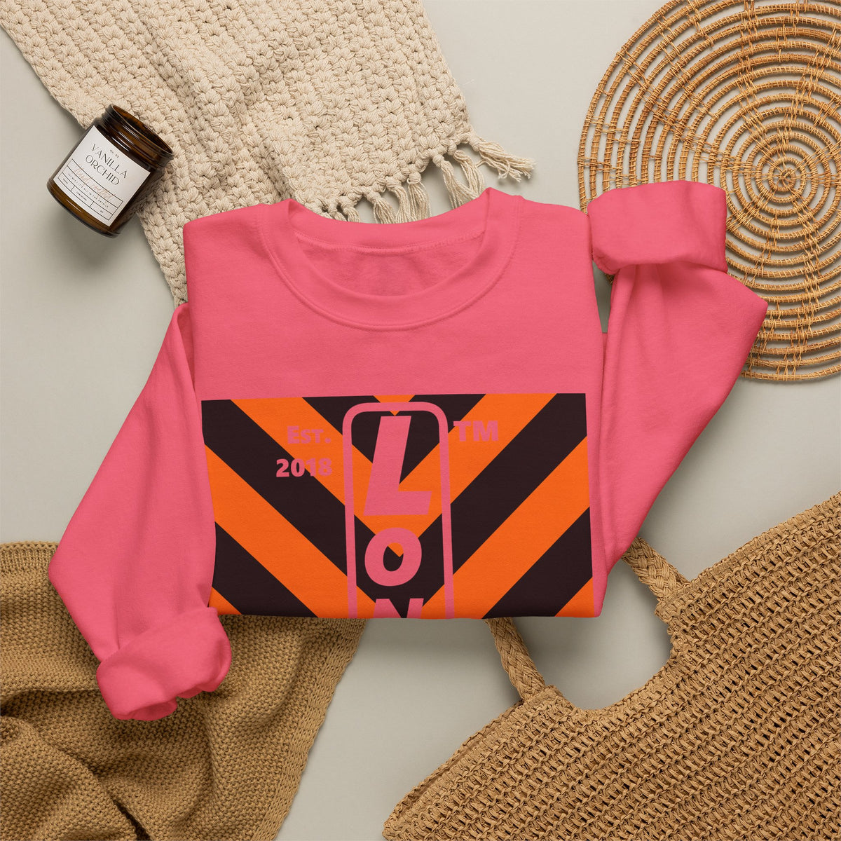 LongD Hyde Park negative upright downward chevron logo (Halloween colors) crewneck sweatshirt