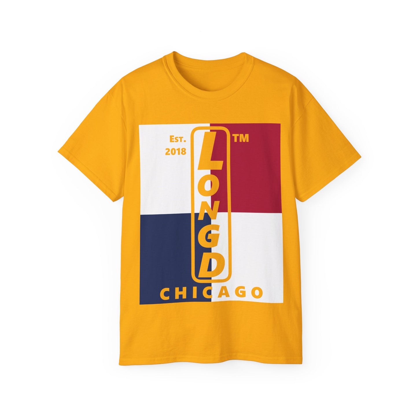 LongD cotton tee negative quarters Chicago upright logo (Patriotic colors)