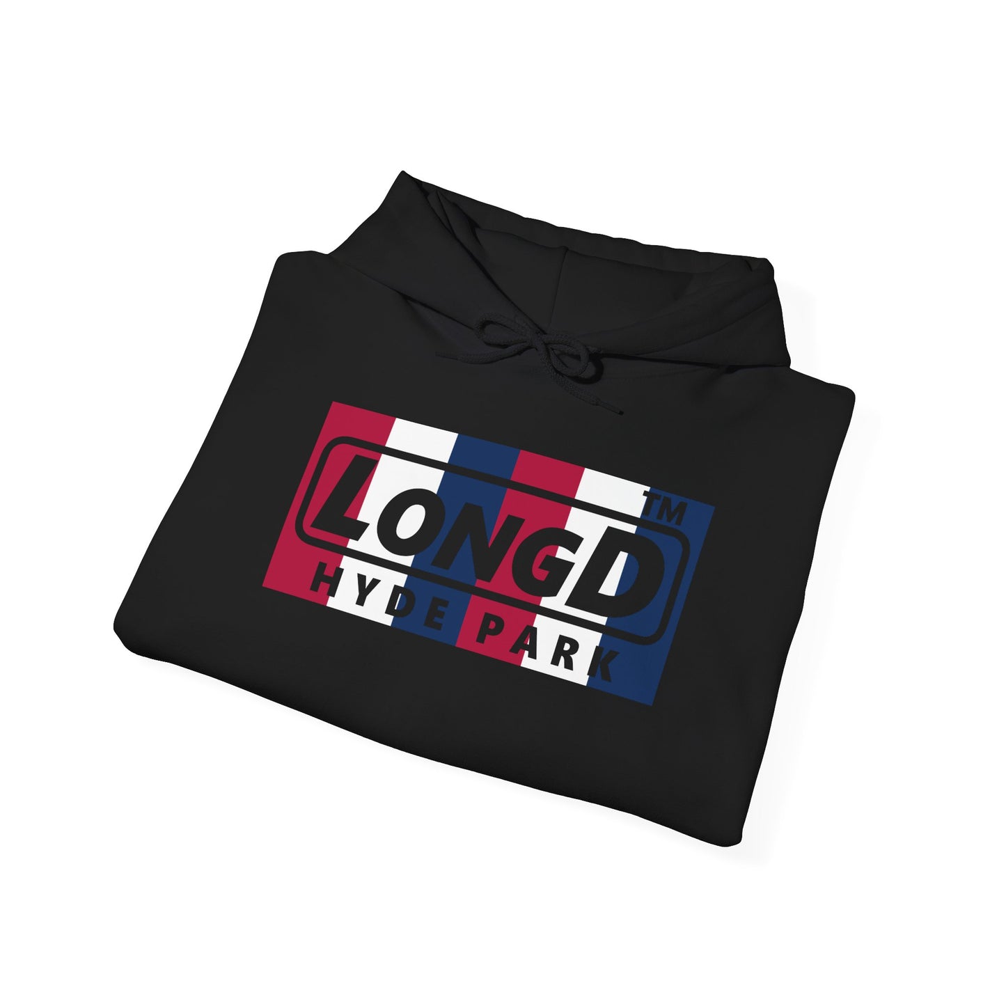 LongD® negative vertical 6-striped Hyde Park logo hoodie (patriotic colors)