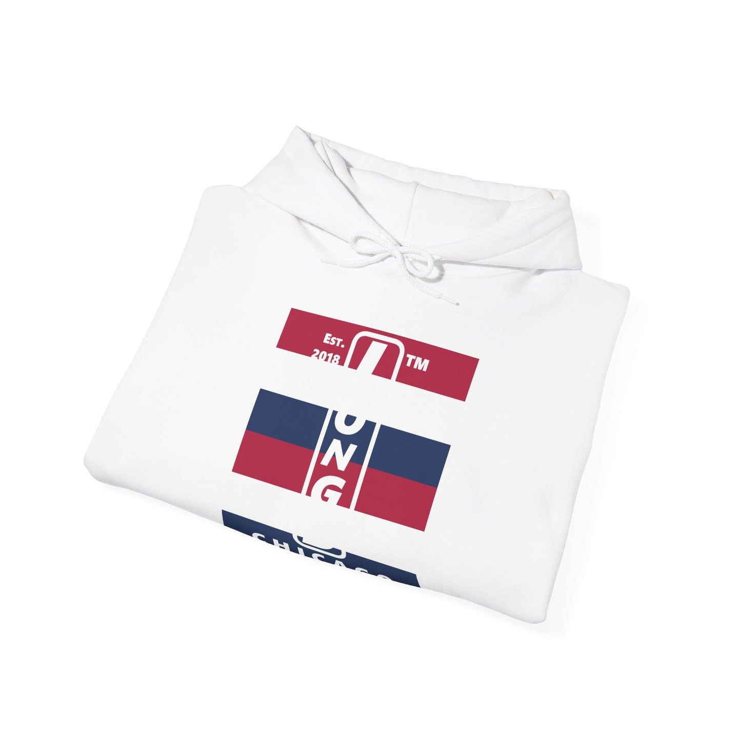 LongD® negative horizontal 6-striped upright Chicago logo hoodie
