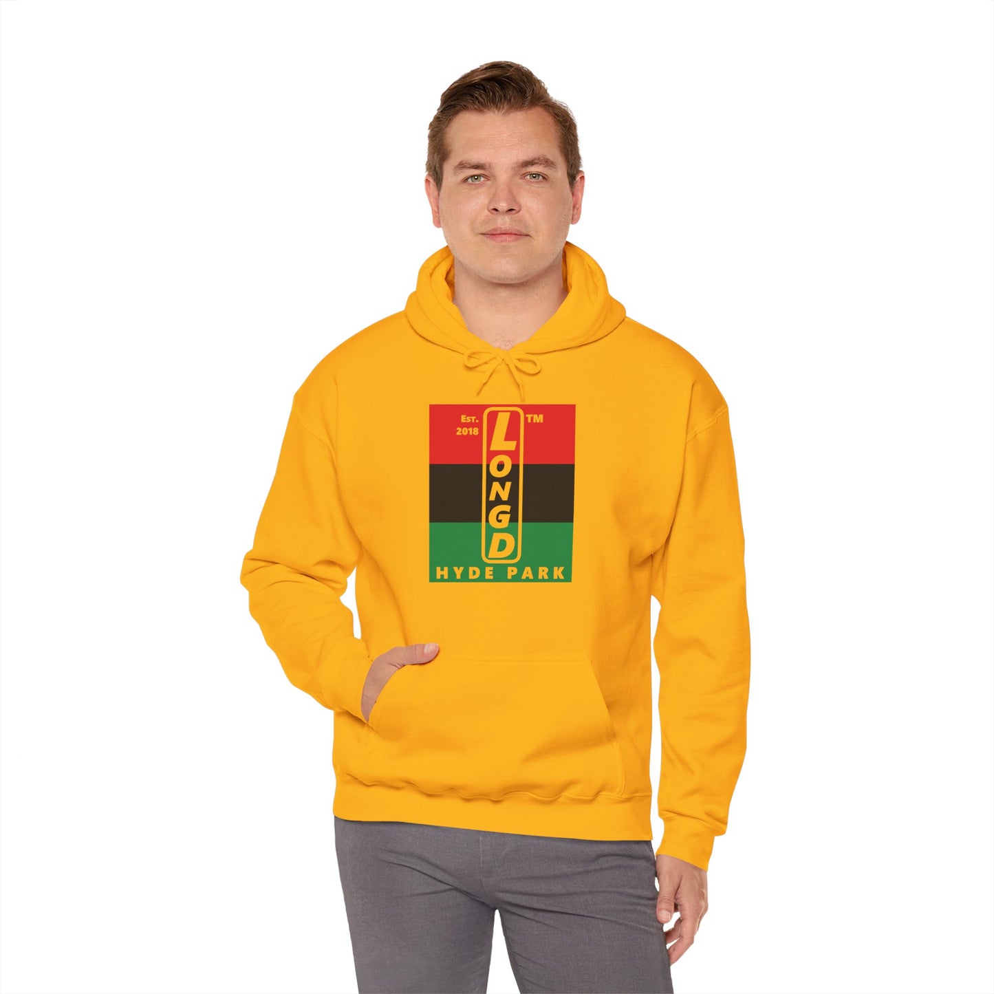 LongD® negative horizontal 3-striped upright Hyde Park logo hoodie (Juneteenth colors)
