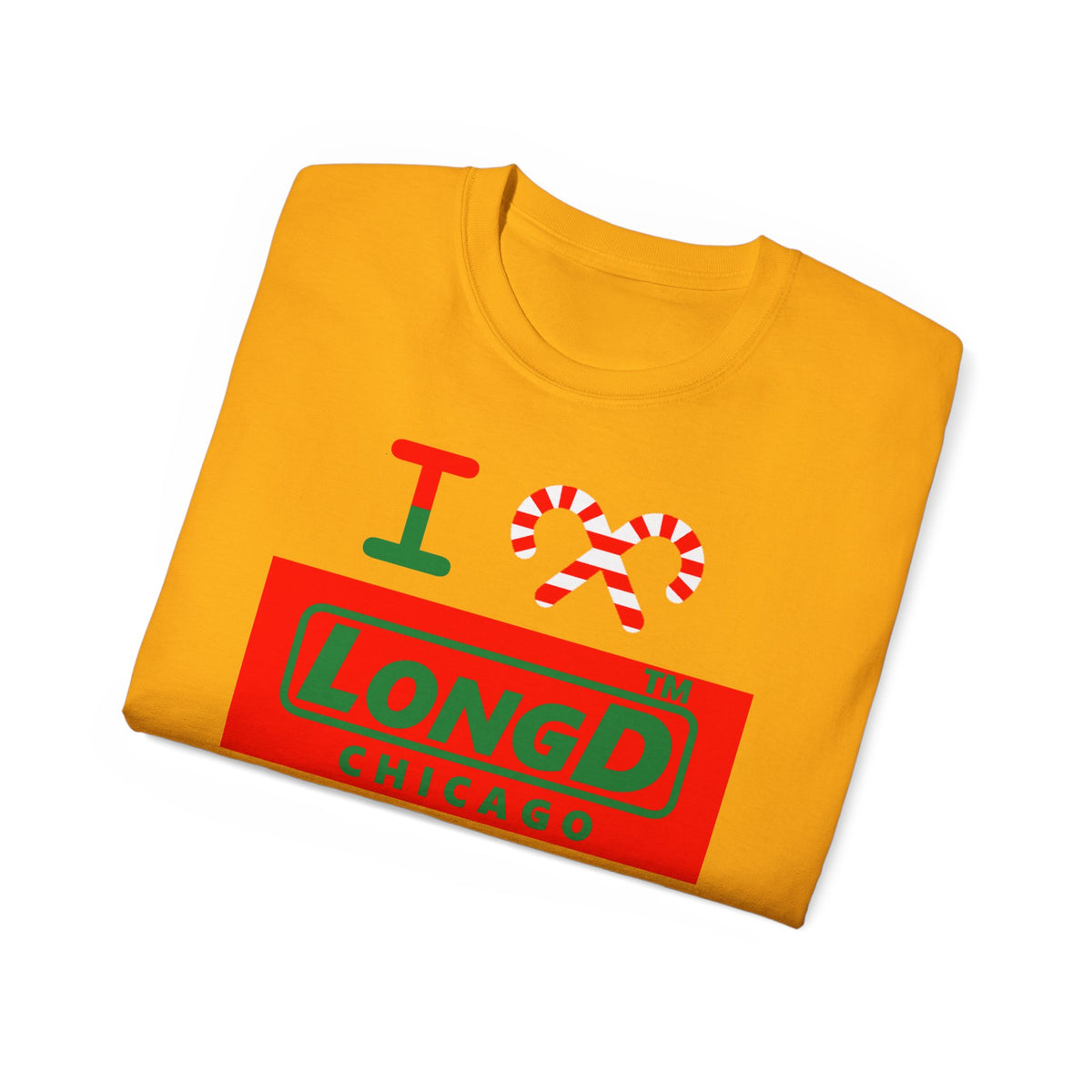I candy cane LongD Chicago logo positive green on negative red cotton tee