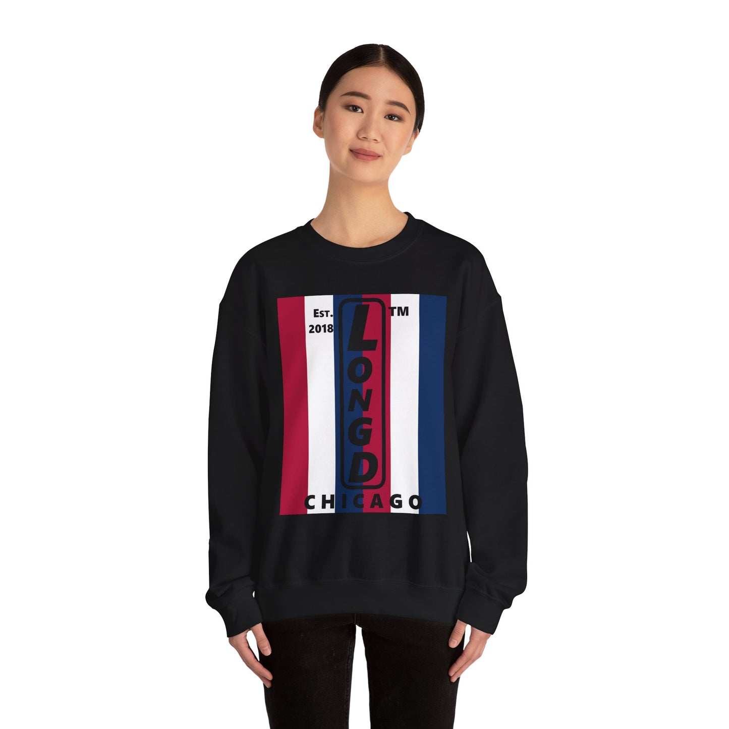 LongD negative vertical 6-striped Chicago logo crewneck sweatshirt (patriotic colors)