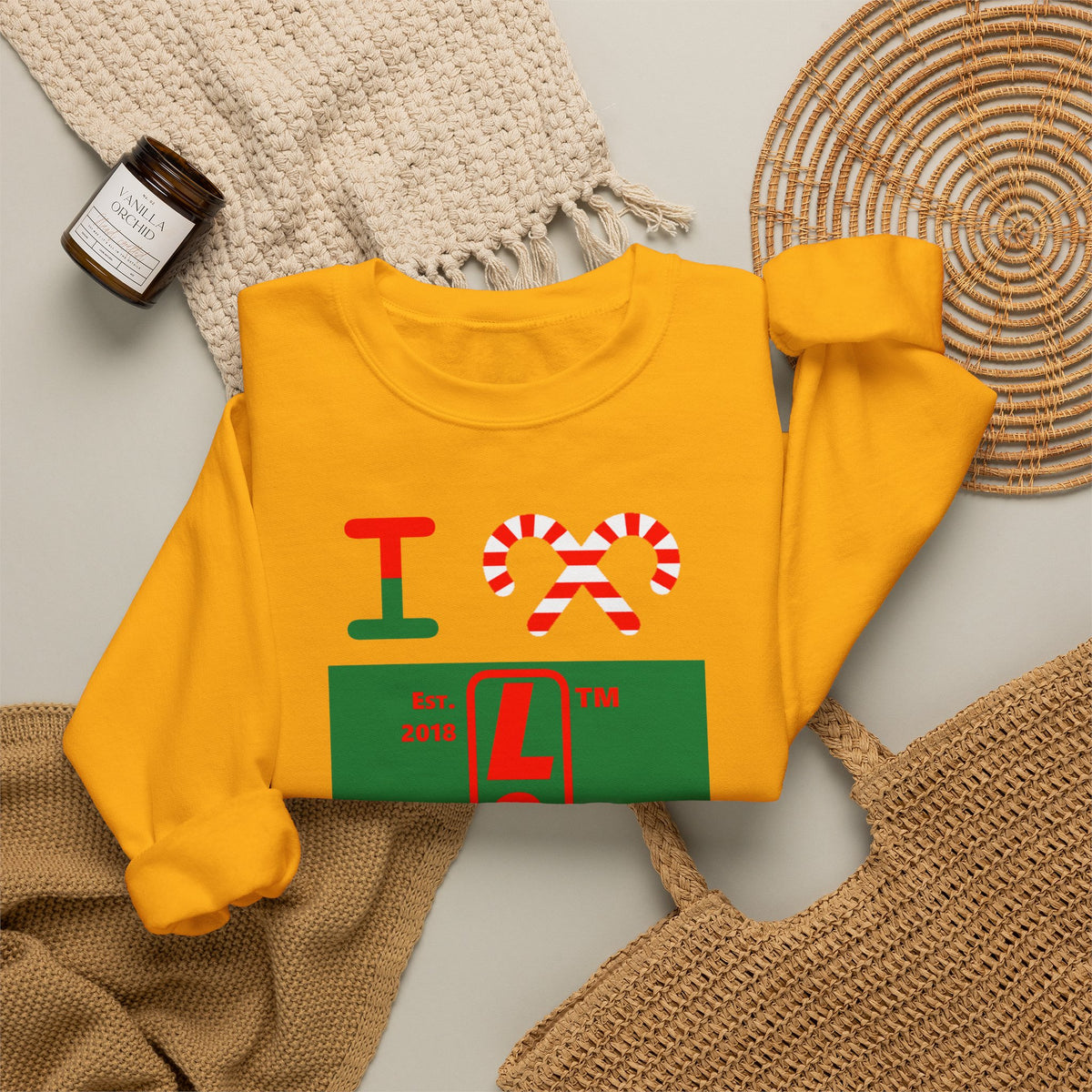 I candy cane LongD Hyde Park upright logo positive red on negative green crewneck sweatshirt