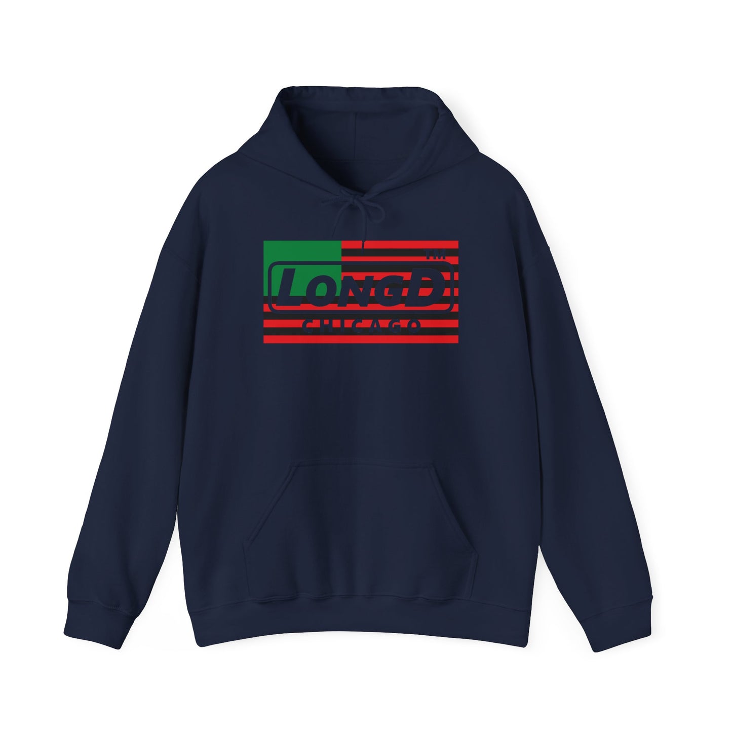 LongD® negative flag Chicago logo Hoodie (Juneteenth colors)